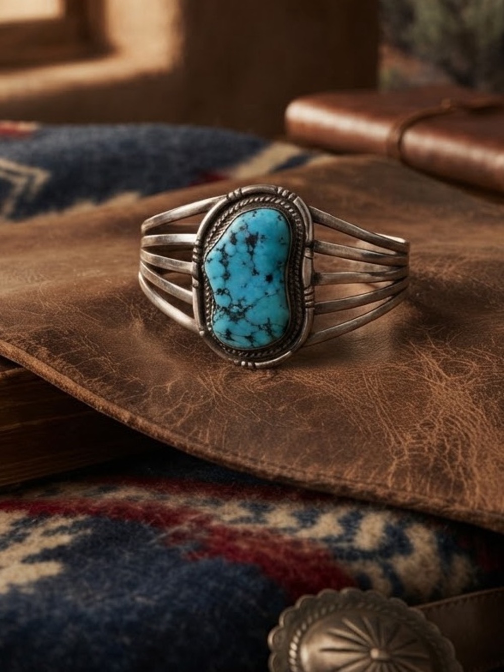 VINTAGE L. James Navajo Handmade Sterling Silver Turquoise Cuff Bracelet Signed